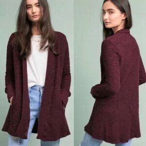 T.La Almandine Textured Open Knit Cardigan L Burgundy Shawl Collar Peplum